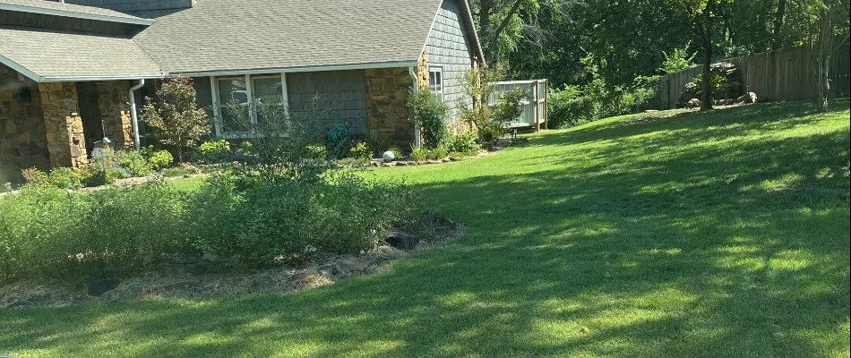 A green, healthy lawn in Tulsa, OK, after being fertilized.