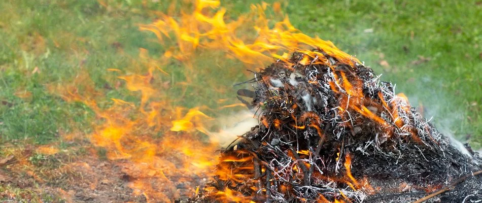 Smoke and fire from a burning leaf pile in Tulsa, OK.