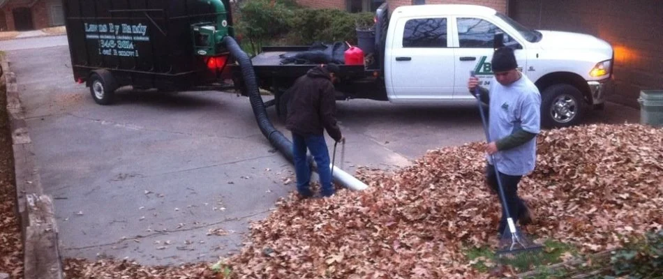 Crew in Turley, OK, performing leaf removal service.