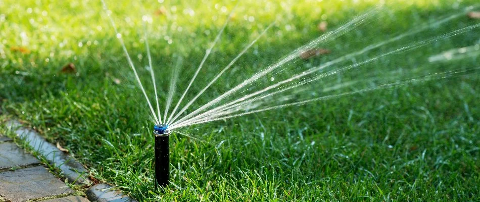 Sprinkler irrigation system spraying water on a lawn in Turley, OK.