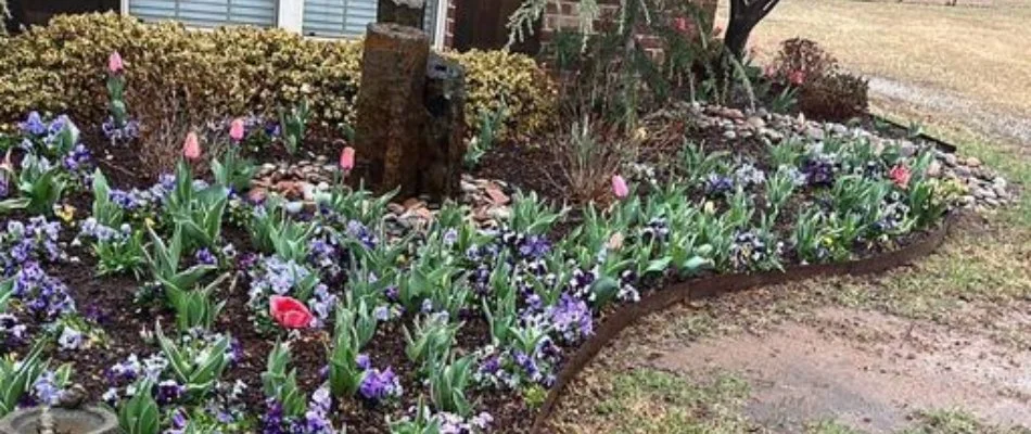 Landscape bed in Sperry, OK, with mulch and flowers.