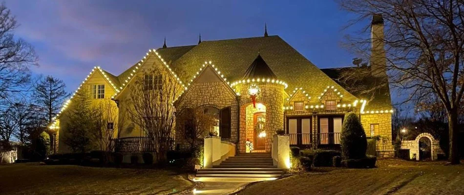 Residential property in Turley, OK, with holiday lighting.